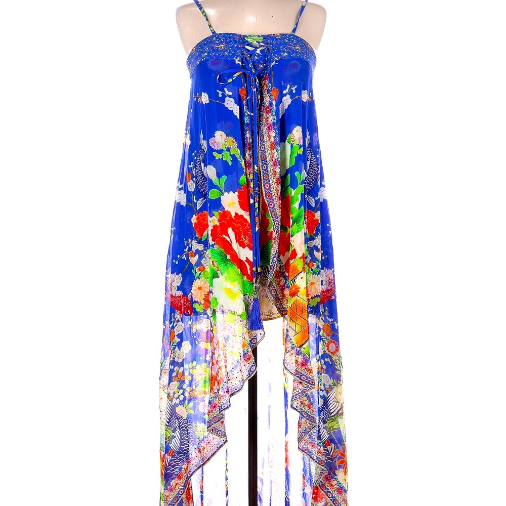 Camilla Blue Floral High-Low Romper Dress with Multicolor Print
